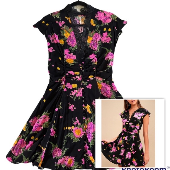 Free People Dresses & Skirts - Free People Alora Floral Print Mini Dress Women’s Size 4 Black Pink
